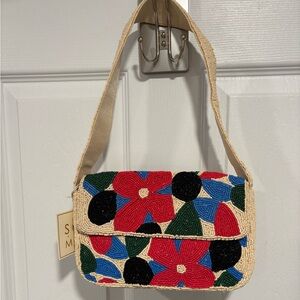 Beaded Floral Shoulder Bag in Beige and Red